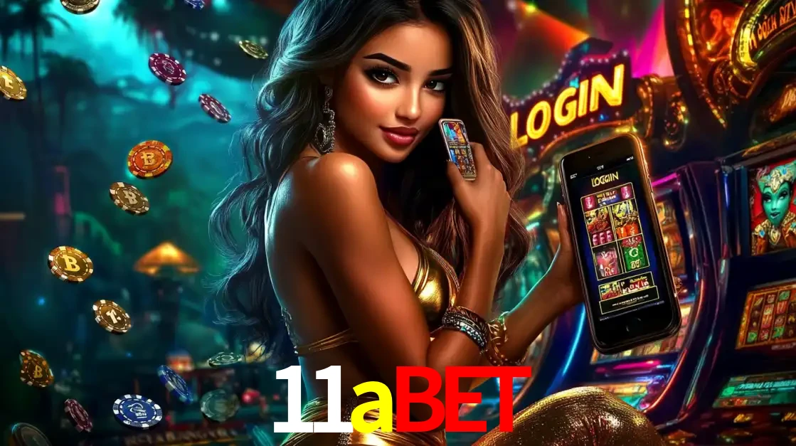 Mulher em um cenário de cassino temático de aventura, mostrando o app de caça-níqueis da 11abet no celular. Fichas de apostas flutuam ao redor.