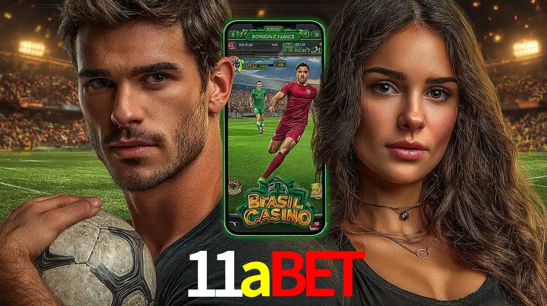 Homem segurando uma bola de futebol e uma mulher ao lado de um smartphone exibindo o jogo de apostas esportivas da 11abet. Faça seu palpite no cassino online.